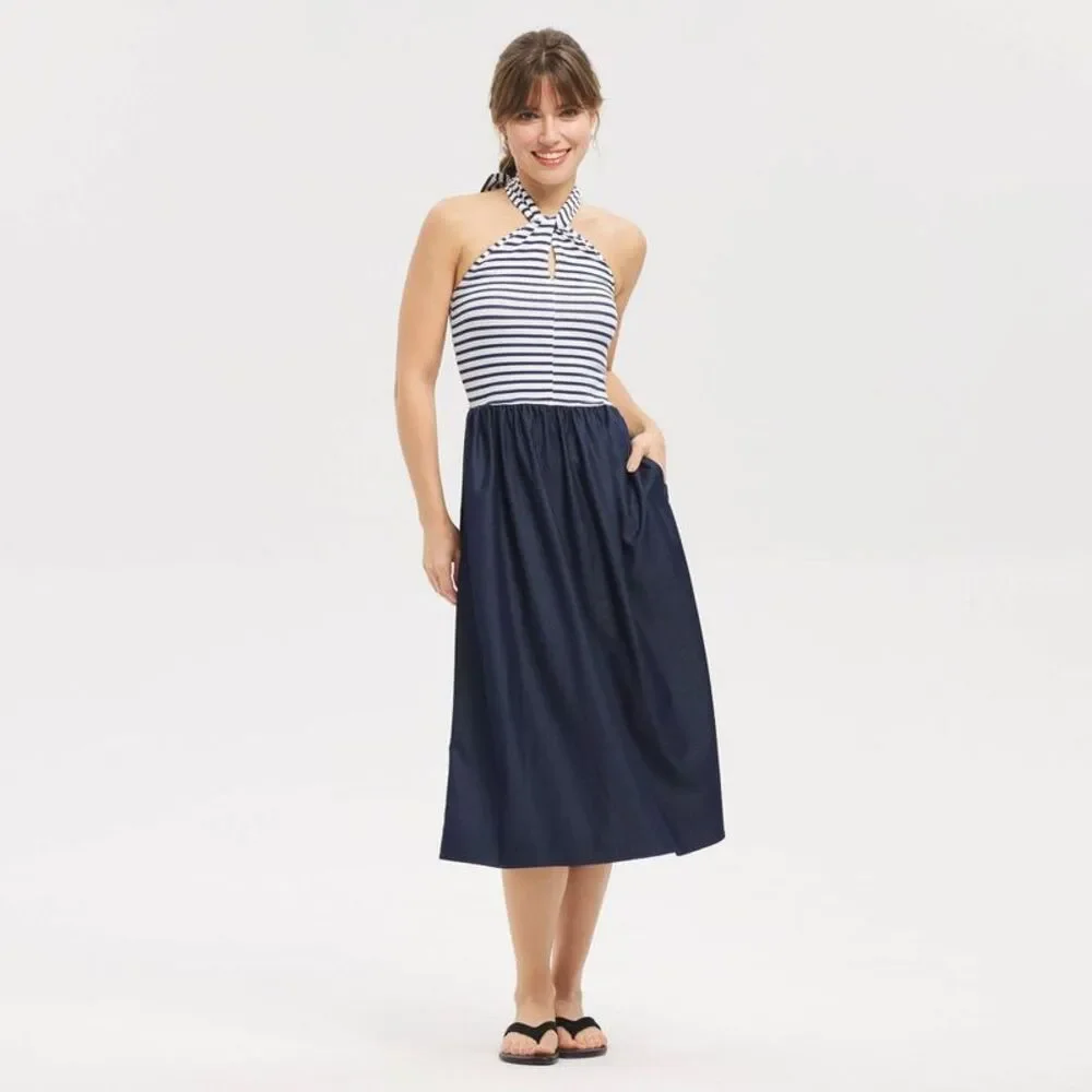 Universal Thread - Women's Mixed Fabric Tie-Back Midi Dress - Univers Navy Blue - Picture 3 of 3